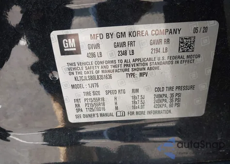 2020 Chevrolet Trax Fwd Lt из США, поврежденный, VIN KL7CJLSB0LB351636